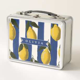 Personalized Italian Lemon Stripe Coastal Metal Lunch Box