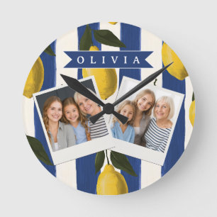 Personalized Italian Lemon Stripe Coastal Round Clock