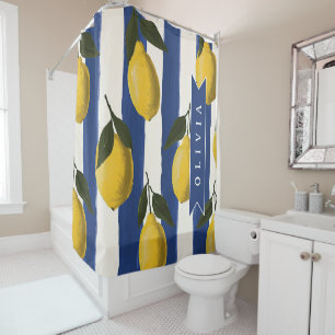 Personalized Italian Lemon Stripe Coastal Shower Curtain