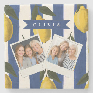Personalized Italian Lemon Stripe Coastal Stone Coaster