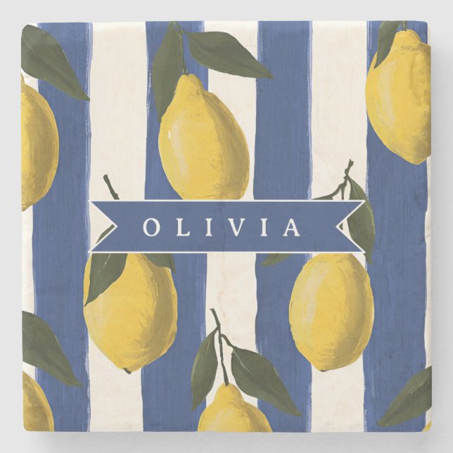 Personalized Italian Lemon Stripe Coastal  Stone Coaster (Front)