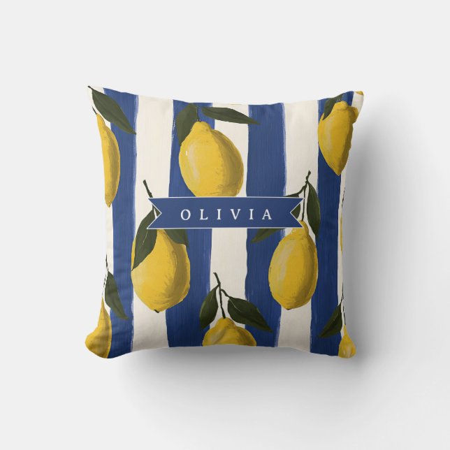 Personalized Italian Lemon Stripe Coastal  Throw Pillow (Front)
