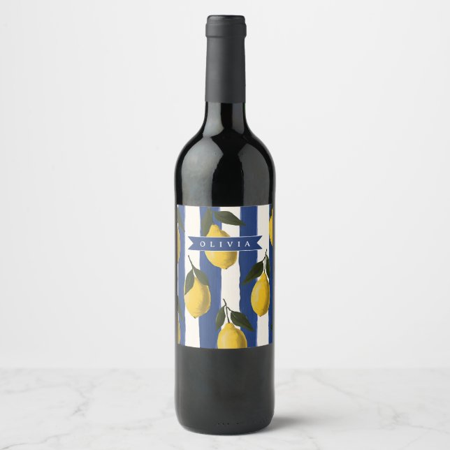 Personalized Italian Lemon Stripe Coastal  Wine Label (Front)