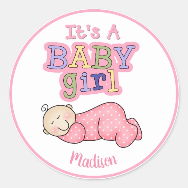 Personalized It's a Girl Baby Sleeping Classic Round Sticker (Front)