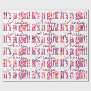 Personalized It's A Girl Magenta Floral Font Wrapping Paper