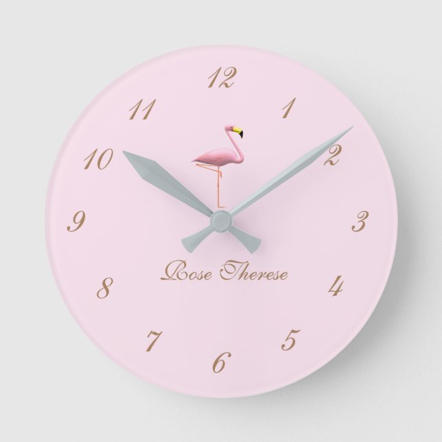 Personalized It's a Girl Pink Flamingo Themed Roun Round Clock (Front)