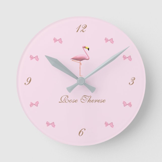 Personalized It's a Girl Pink Flamingo Themed Round Clock (Front)