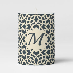 Personalized Ivory and Dark Blue Moroccan Pillar Candle