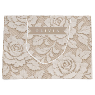 Personalized Ivory Lace Bridal Elegant Vintage Large Gift Bag