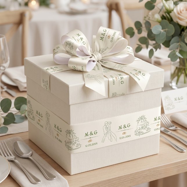 Personalized  Ivory Sage Green Wedding Monogram Satin Ribbon (Creator Uploaded)