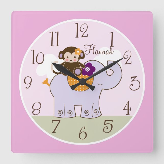 Personalized Jacana Monkey on Elephant Baby Clock (Front)