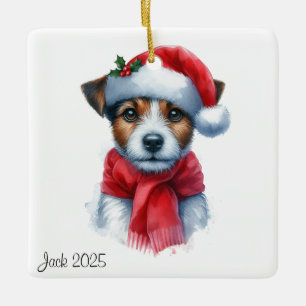 Personalized Jack Russell Dog Wearing a Santa Hat Ceramic Ornament