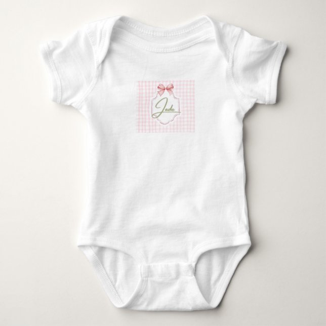 Personalized Jade Baby Girl Nursery Bow&Gingham Bodysuit (Front)