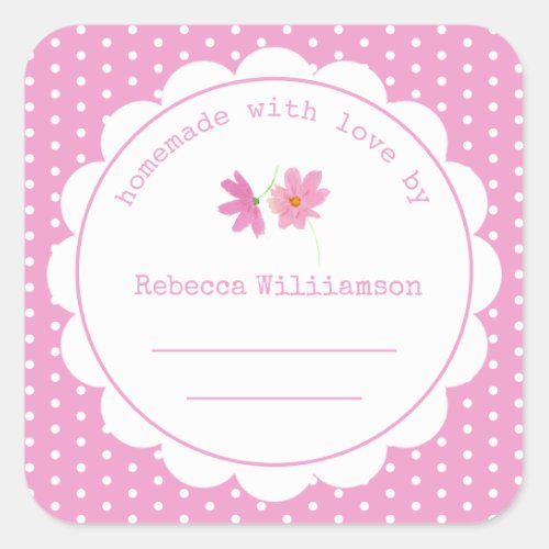 Personalized Jam Canning  Homemade Pink Polka Dot Square Sticker