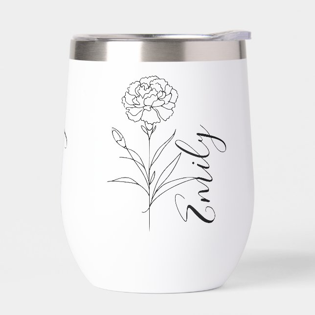 Personalized January Carnation Birth Flower  Thermal Wine Tumbler (Left)