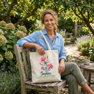 Personalized January Carnation Dragonfly Tote Bag