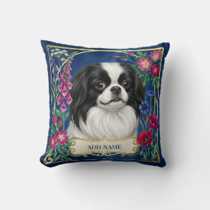 Personalized Japanese Chin Blue Floral Cushion