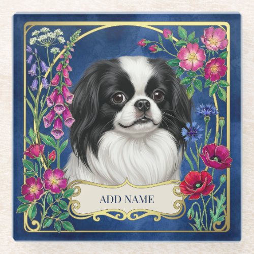 Personalized Japanese Chin Blue Glass Coaster