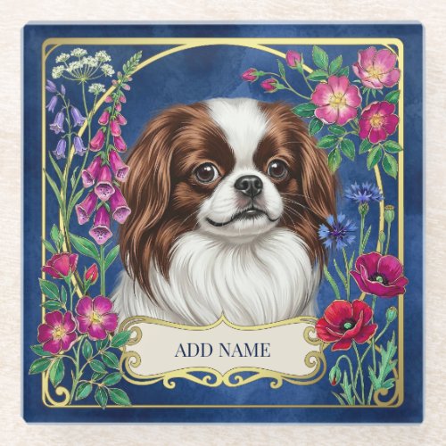Personalized Japanese Chin Blue Glass Coaster