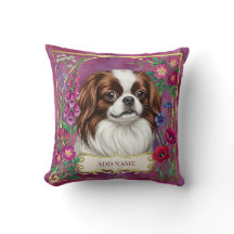 Personalized Japanese Chin Pink Floral Cushion