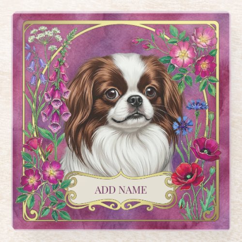 Personalized Japanese Chin Pink Glass Coaster