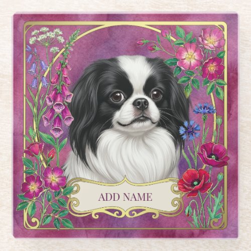Personalized Japanese Chin Pink Glass Coaster