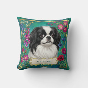 Personalized Japanese Chin Teal Floral Cushion