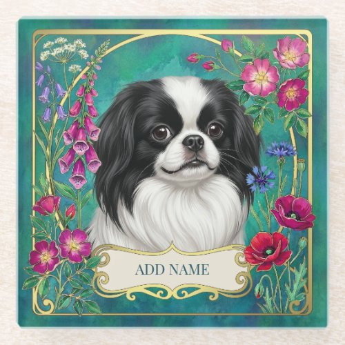 Personalized Japanese Chin Teal Glass Coaster
