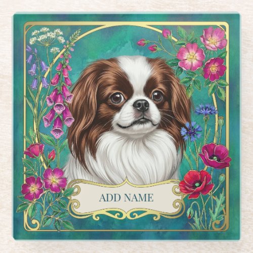 Personalized Japanese Chin Teal Glass Coaster