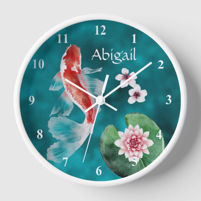 Personalized Japanese Koi Fish, Cherry Blossoms Clock (Front)