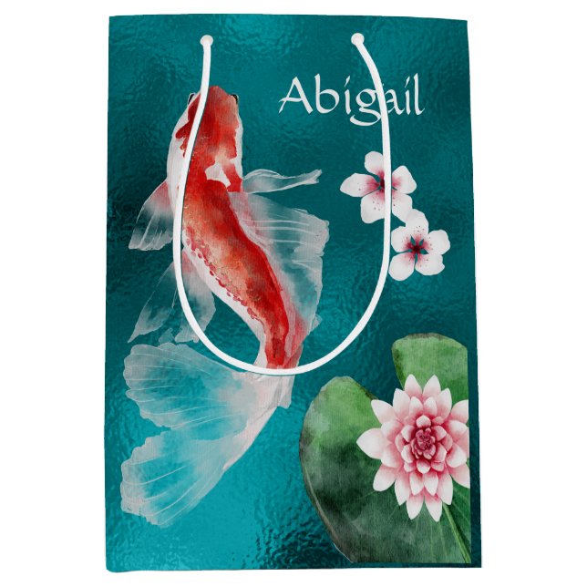 Personalized Japanese Koi Fish, Cherry Blossoms Medium Gift Bag (Front)