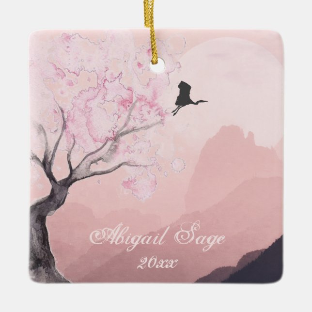 Personalized Japanese Mountain Scene Christmas Ceramic Ornament (Front)