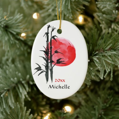 Personalized Japanese Sun and Bamboo Christmas Ceramic Ornament