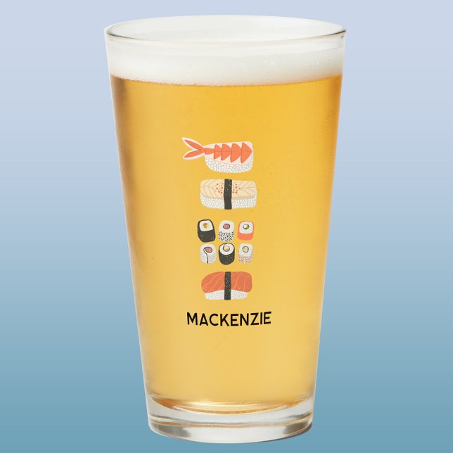 Personalized Japanese Sushi Nigiri Maki Roll Glass (Personalized custom name sushi art beer glass)