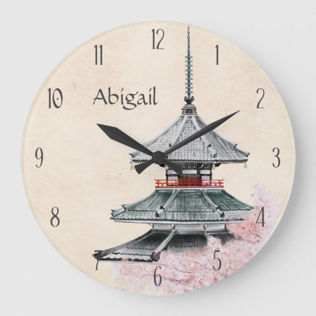 Personalized Japanese Temple Cherry Blossoms Japan Large Clock (Front)