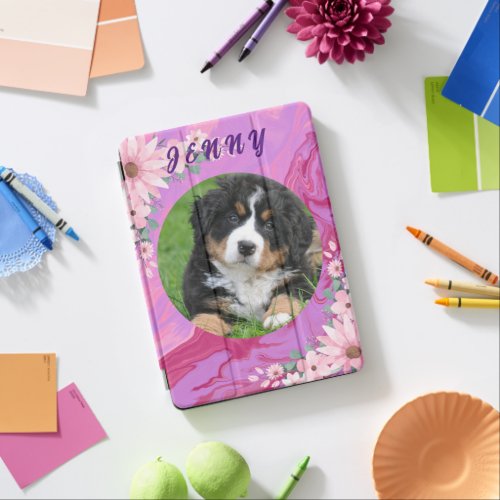 Personalized Jenny Cute Dog Pink Floral Modern iPad Air Cover