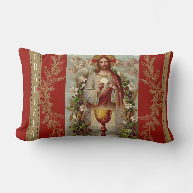 Personalized Jesus First Holy Communion Lumbar Pillow (Front)