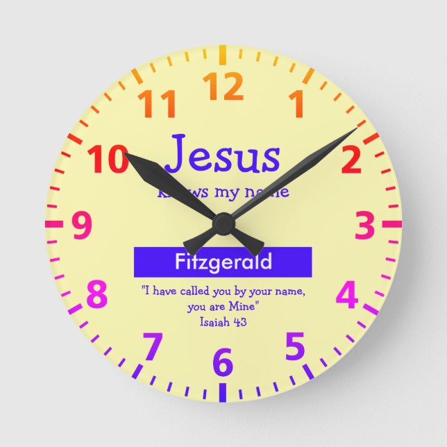 Personalized JESUS KNOWS MY NAME Cute Yellow Kids Round Clock (Front)