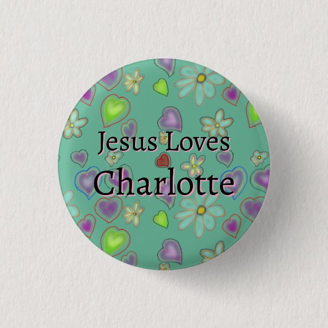 Personalized Jesus Loves Charlotte Green Button (Front)