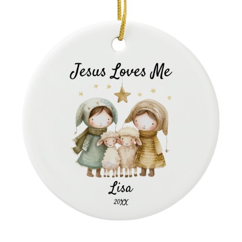 Personalized Jesus Loves Me Kids Christmas Sheperd Ceramic Ornament