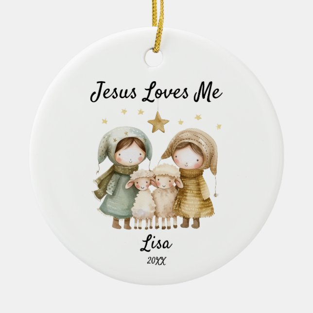 Personalized Jesus Loves Me Kids Christmas Sheperd Ceramic Ornament (Front)