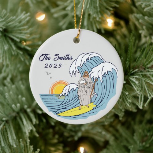 Personalized Jesus Surfing Christmas Holiday Ceramic Ornament