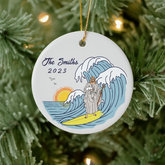 Personalized Jesus Surfing Christmas Holiday Ceramic Ornament (Tree)
