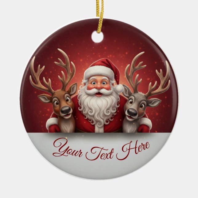 Personalized Jolly Santa Claus & Reindeer Trio  Ceramic Ornament (Front)