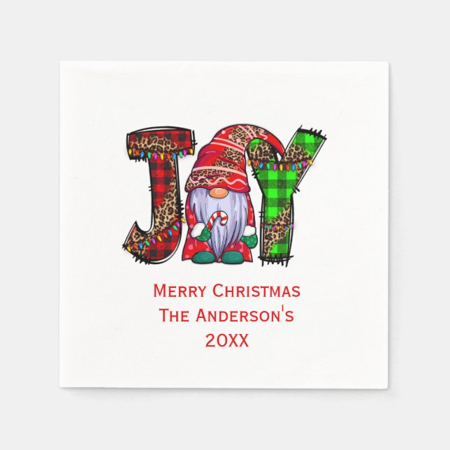 Personalized Joy Gnomes Merry Christmas Party Napkins (Front)