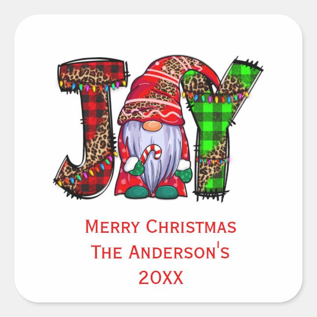 Personalized Joy Gnomes Merry Christmas Square Sticker (Front)