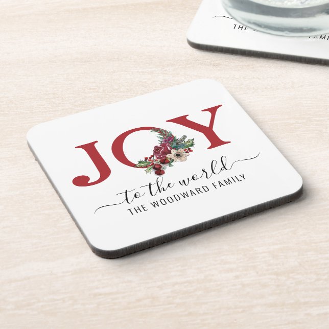 Personalized Joy Red White  Beverage Coaster (Left Side)