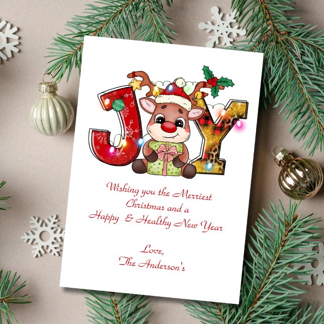 Personalized Joy Reindeer Christmas Holiday Card (Joy with Reindeer Personalized Christmas Card. Add your wording. Printed or Digital instant download)