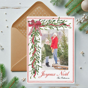 Personalized Joyeux Noël Red Bow Mistletoe Photo Holiday Card