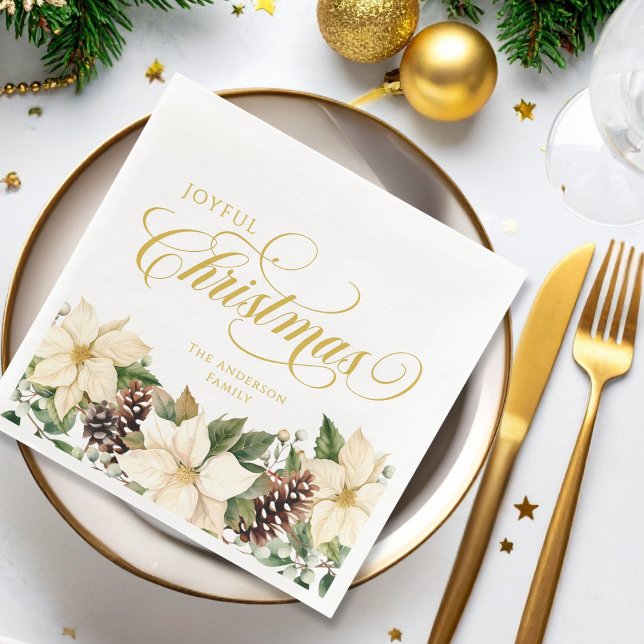 Personalized Joyful Christmas White Poinsettia   Paper Dinner Napkins (Creator Uploaded)
